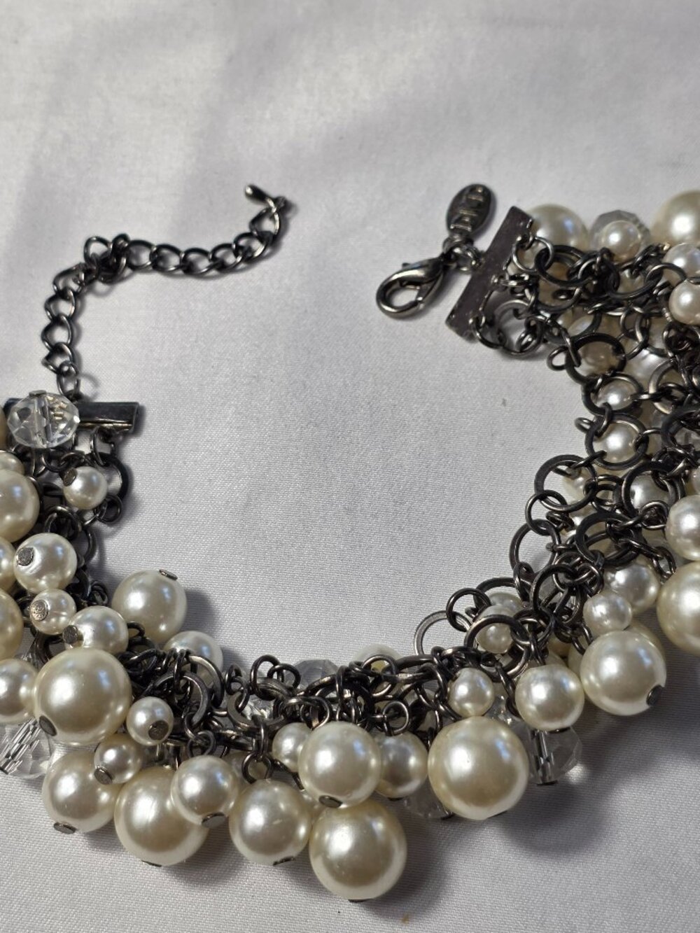 DKD Gunmetal Gray Tone Cluster Bracelet Rows Faux Pearls Clear Faceted Beads